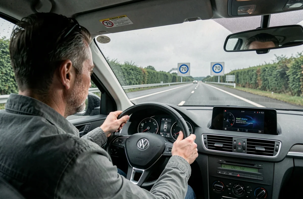 Conducteur sur une autoroute britannique avec panneau de limitation de vitesse en miles par heure
