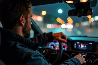 Conducteur en train de basculer les feux de route vers les feux de croisement depuis l'habitacle d'une voiture la nuit