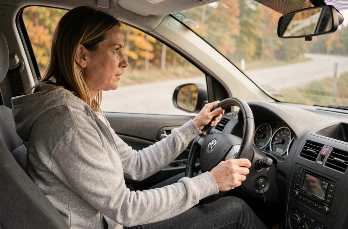 Conductrice au volant d'une voiture diesel compacte sur route de campagne, kilométrage élevé affiché au tableau de bord