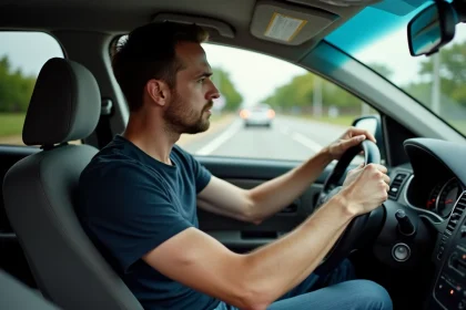 Homme nerveux au volant d'une voiture sans permis dans un environnement urbain