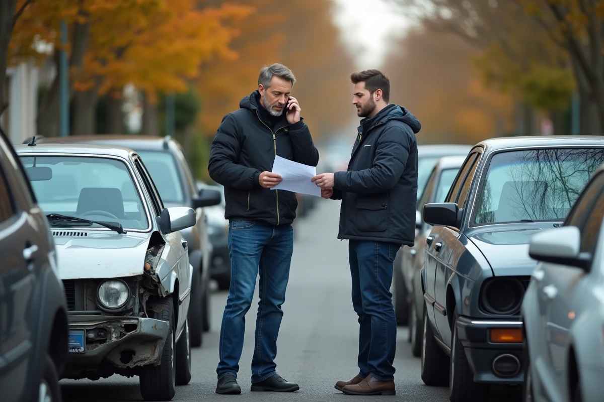 Deux conducteurs échangeant un constat à l'amiable après un accident de voiture dans une rue résidentielle