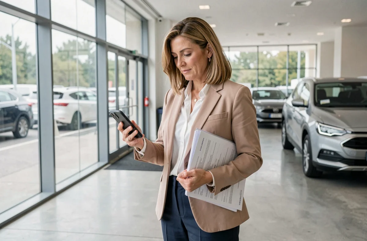 Femme consultant une plateforme automobile sur smartphone dans un showroom de concessionnaire automobile moderne