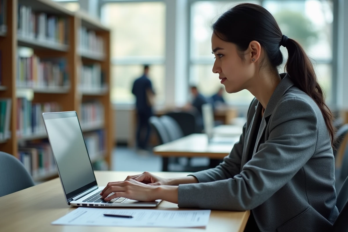 Femme consultant un site officiel de vérification de permis PDF sur un ordinateur portable en bibliothèque