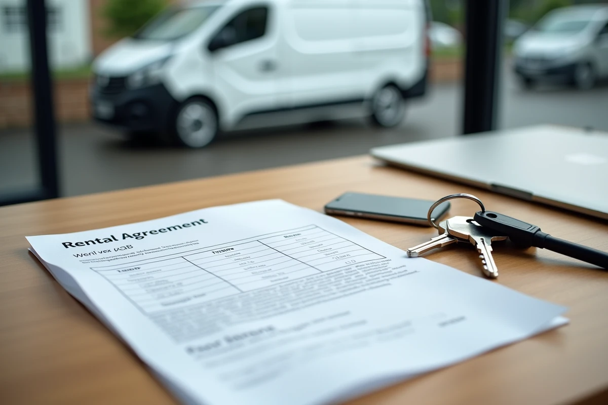 Contrat de location utilitaire avec tableau de tarifs à la journée et clés de véhicule posés sur un bureau en bois