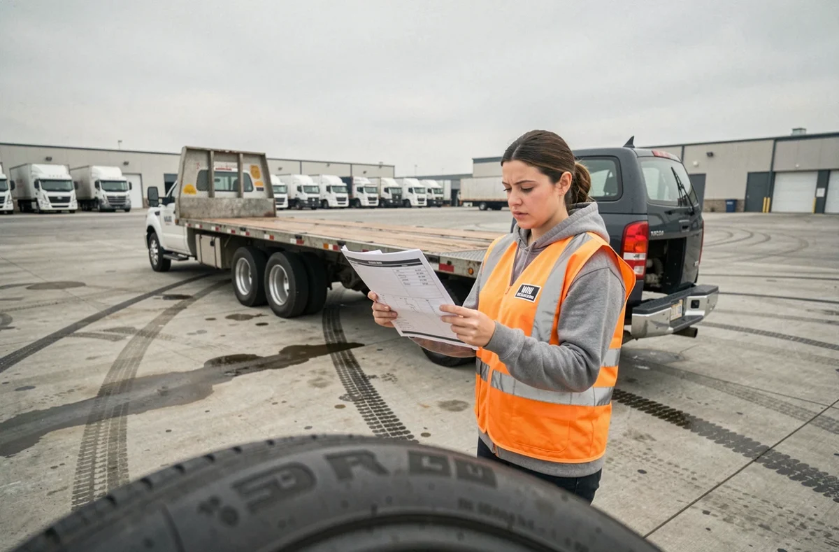 Femme consultant un guide de pression pneu pour remorque dans un dépôt logistique professionnel