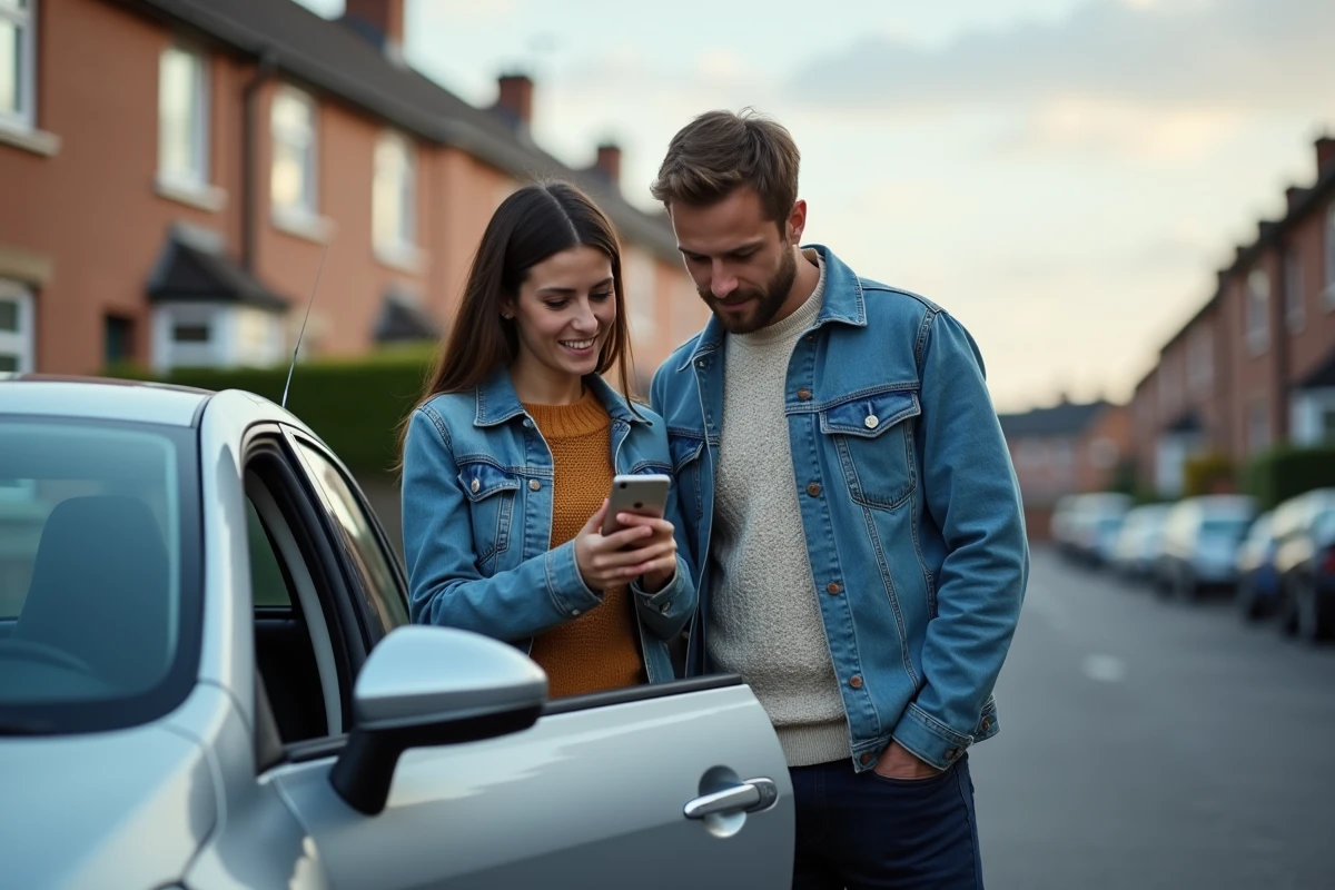Couple consultant une application d'assurance sur smartphone pour comprendre la transférabilité du bonus sans réclamation