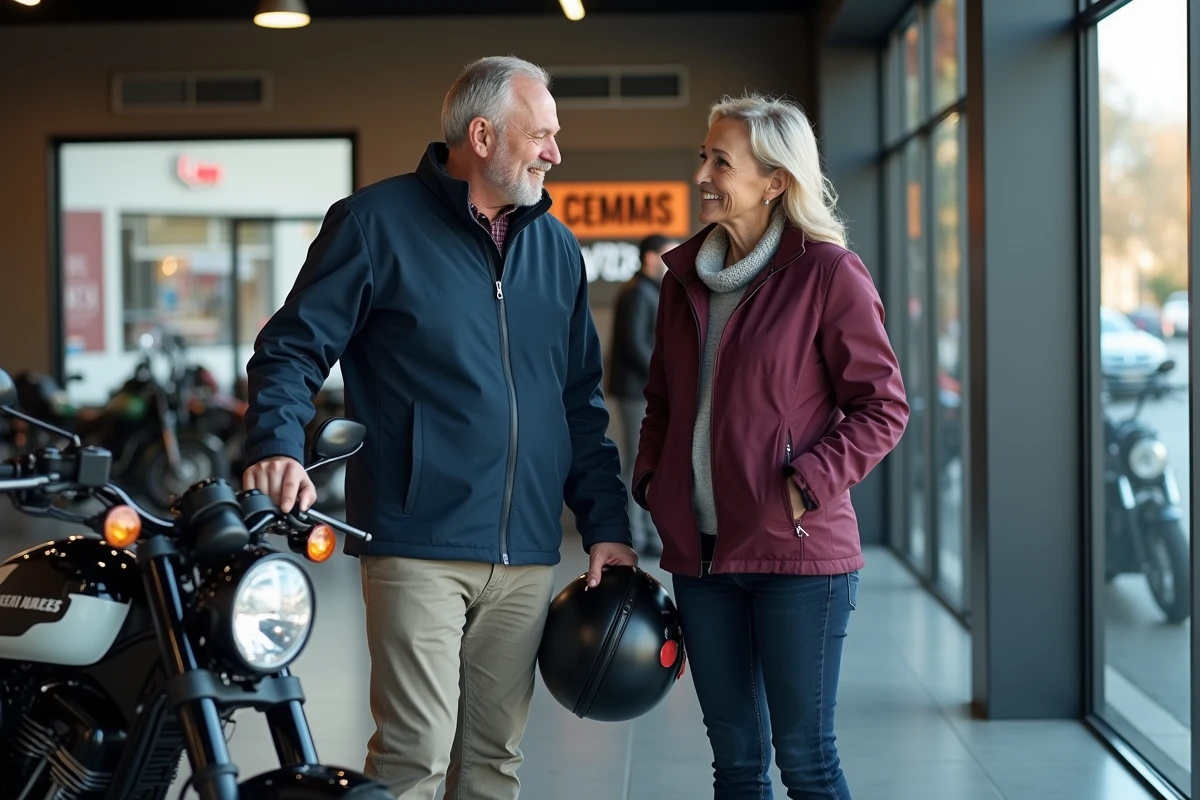 Couple de quinquagénaires choisissant une moto cruiser dans un showroom de concession moto