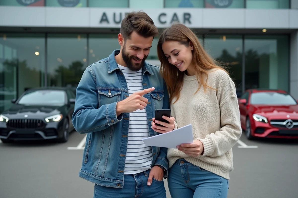 Couple comparant deux modèles de voitures similaires sur smartphone devant une concession automobile de luxe