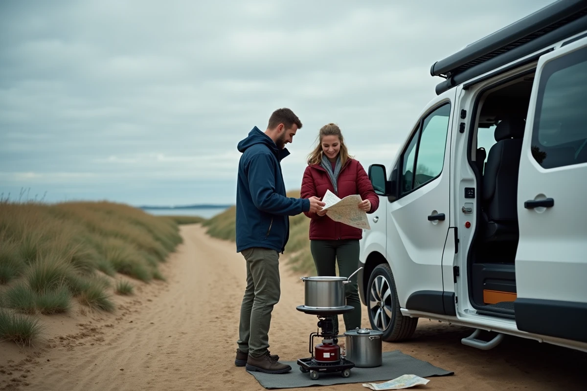 Couple préparant un repas devant leur Dacia Sandman aménagé sur un camping côtier abordable en France