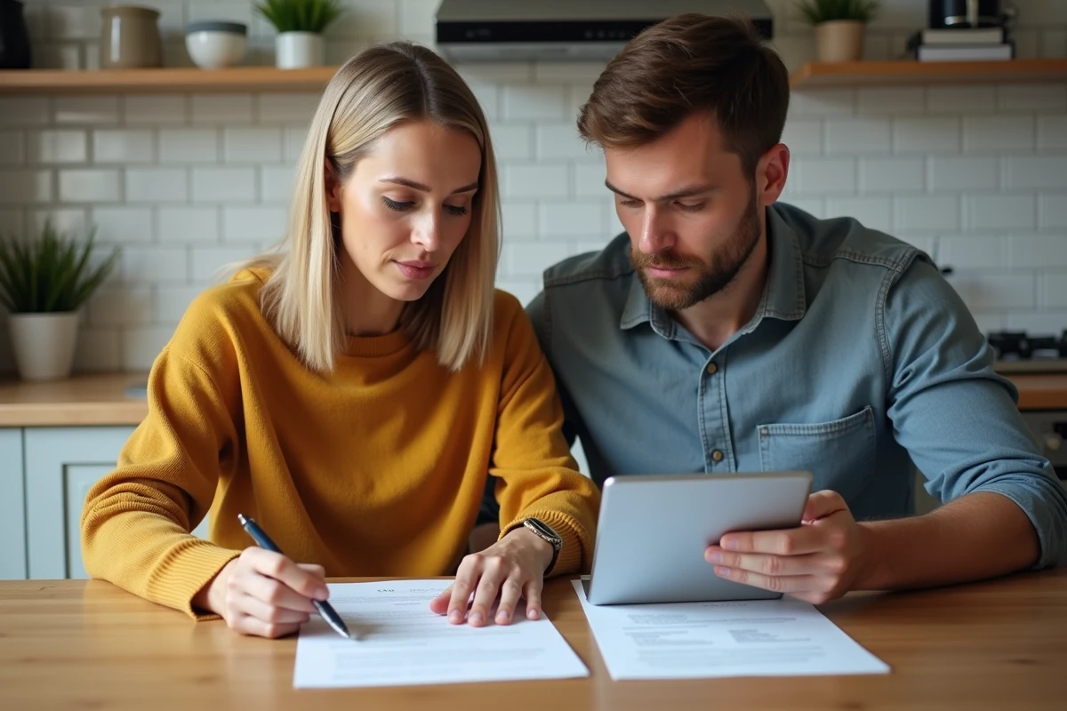 Couple examinant les termes d'un contrat LOA à la maison avec une tablette et des documents imprimés