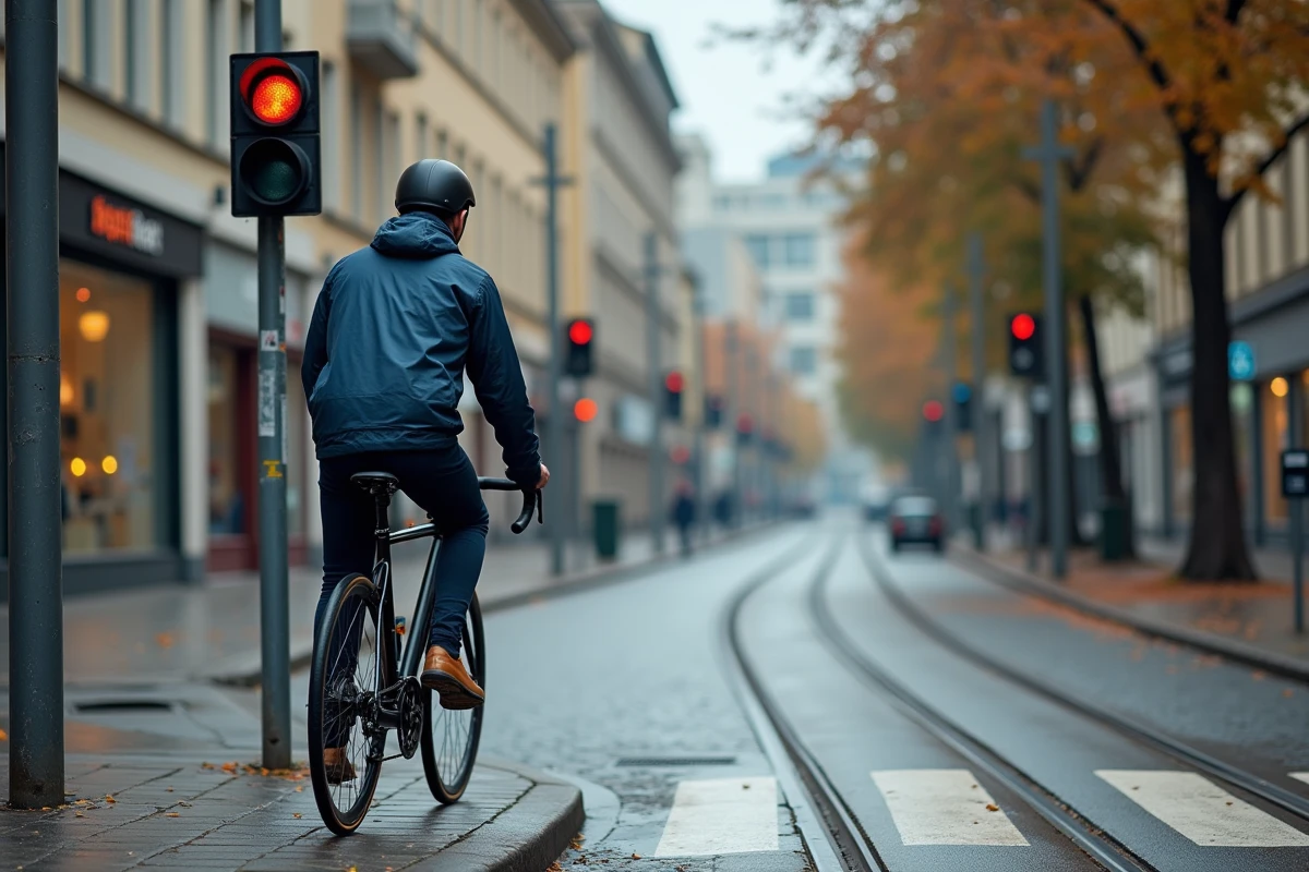 Cycliste immobilisé devant un feu tricolore rouge et orange à un carrefour en ville