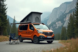 Dacia Sandman aménagé en camping-car low cost garé sur une route de montagne avec tente de toit déployée