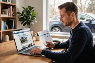 Homme utilisant un ordinateur portable pour effectuer des démarches administratives automobile en ligne depuis son bureau à domicile