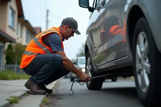 Dépanneur en gilet orange accrochant un câble de remorquage sous une voiture garée dans une rue résidentielle