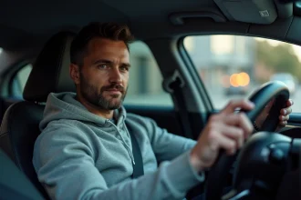 Conducteur désactivant les feux de route depuis le volant d'une voiture moderne