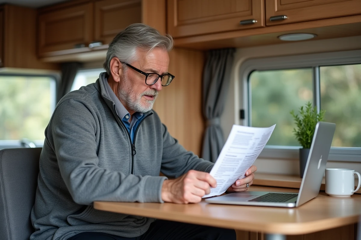 Homme comparant des devis d'assurance camping-car à l'intérieur de son véhicule avec un ordinateur portable