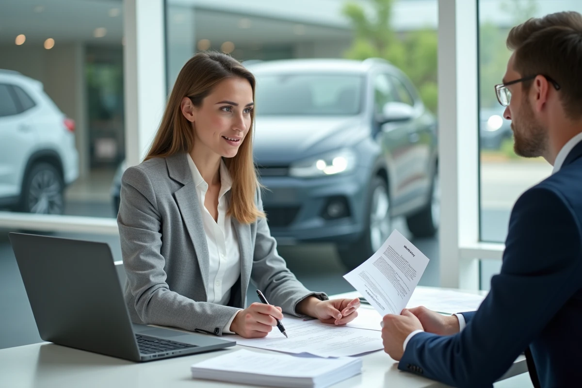 Cliente et conseiller automobile discutant des conditions de la garantie constructeur dans un bureau de showroom