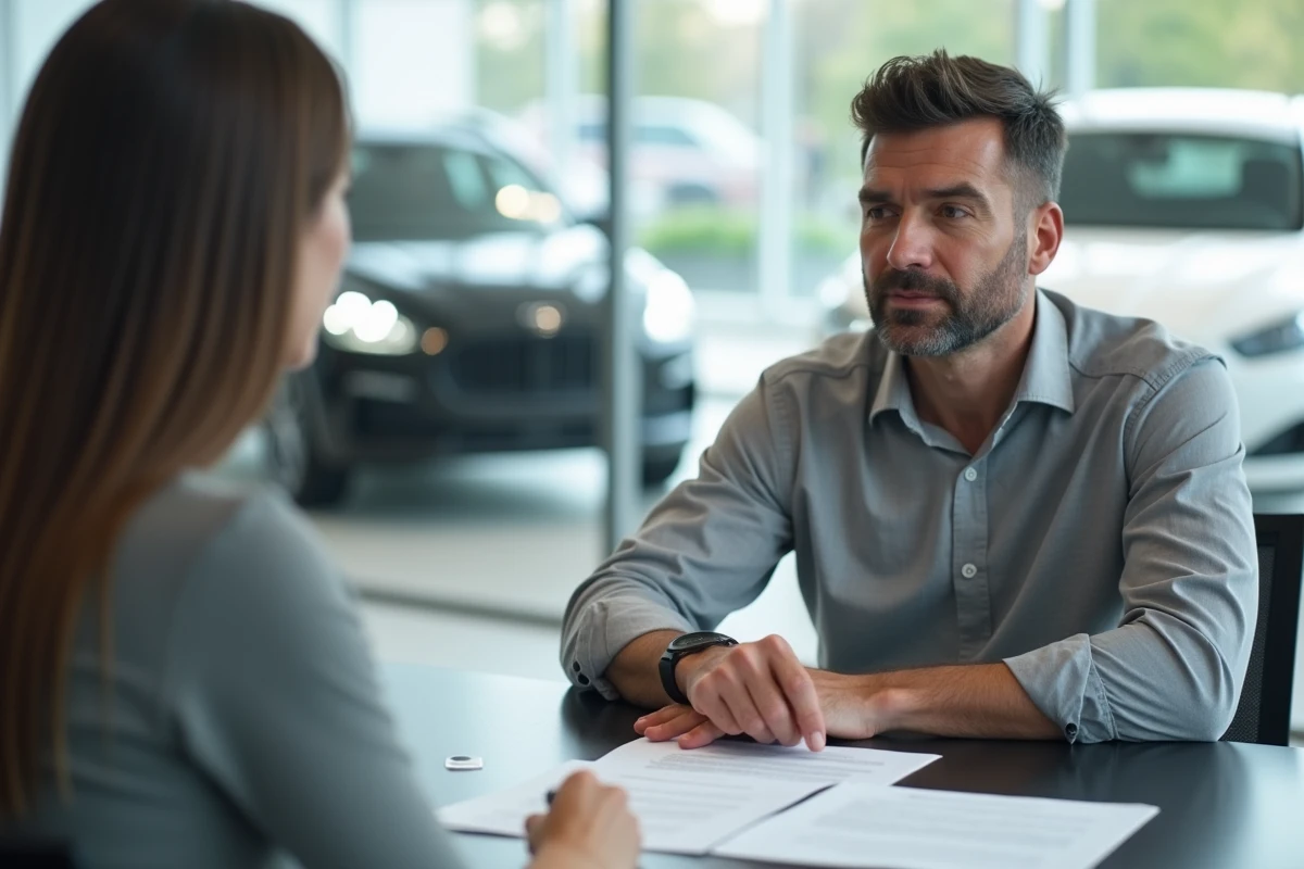 Client et conseiller en concession automobile discutant des modifications d'un contrat de location avec option d'achat