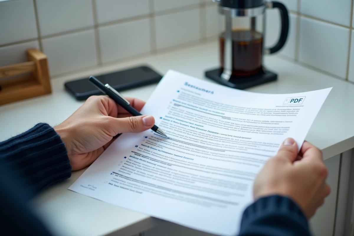 Mains tenant un document PDF de vérification de permis annoté avec un stylo sur un comptoir de cuisine