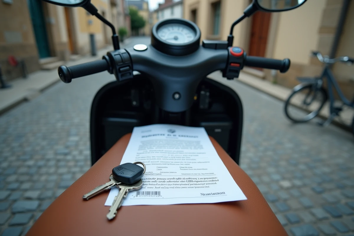 Documents administratifs français pour l'achat d'un scooter sans BSR posés sur la selle d'un deux-roues, avec tableau de bord visible