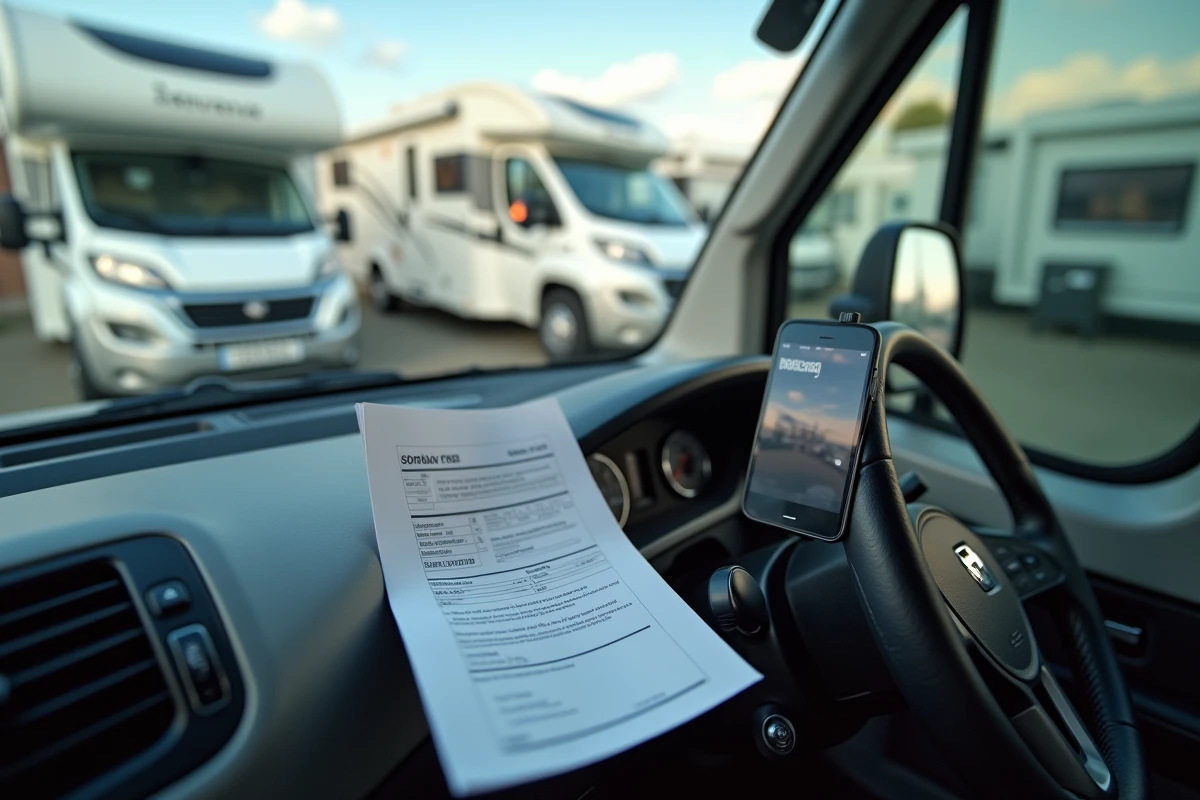 Documents d'assurance camping-car et comparateur de prix sur smartphone posés sur le tableau de bord d'un camping-car