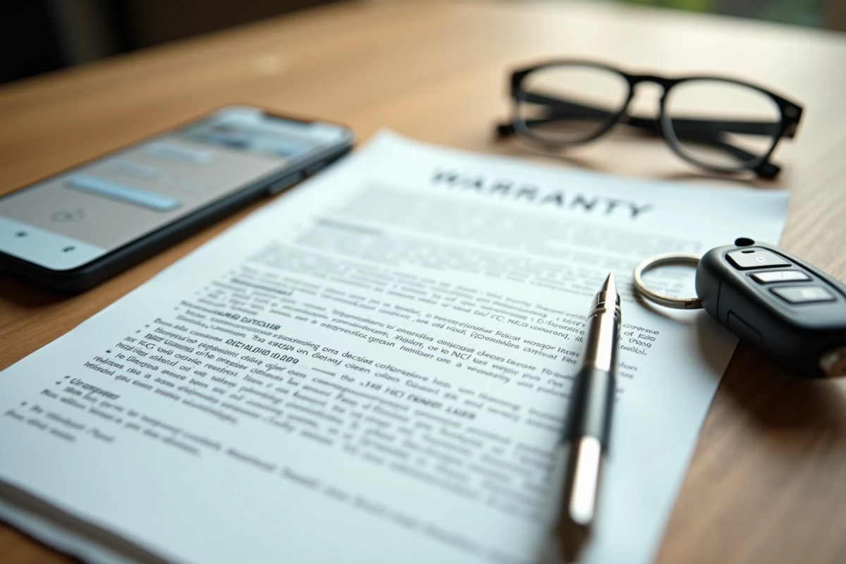 Documents de garantie constructeur ouverts sur un bureau avec clés de voiture et smartphone affichant une application de fabricant automobile