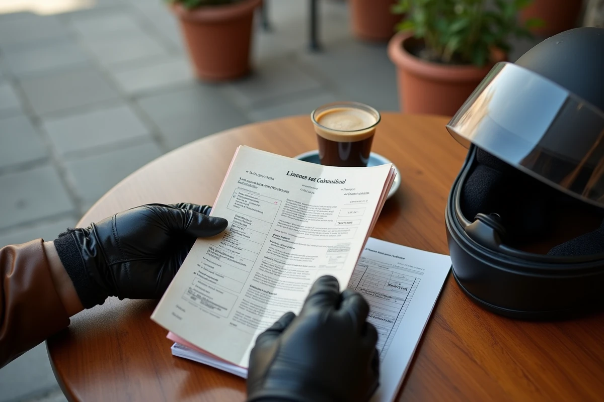 Gros plan sur un permis de conduire espagnol et des documents officiels posés sur une table de café, en lien avec les exigences du permis 125 en Espagne