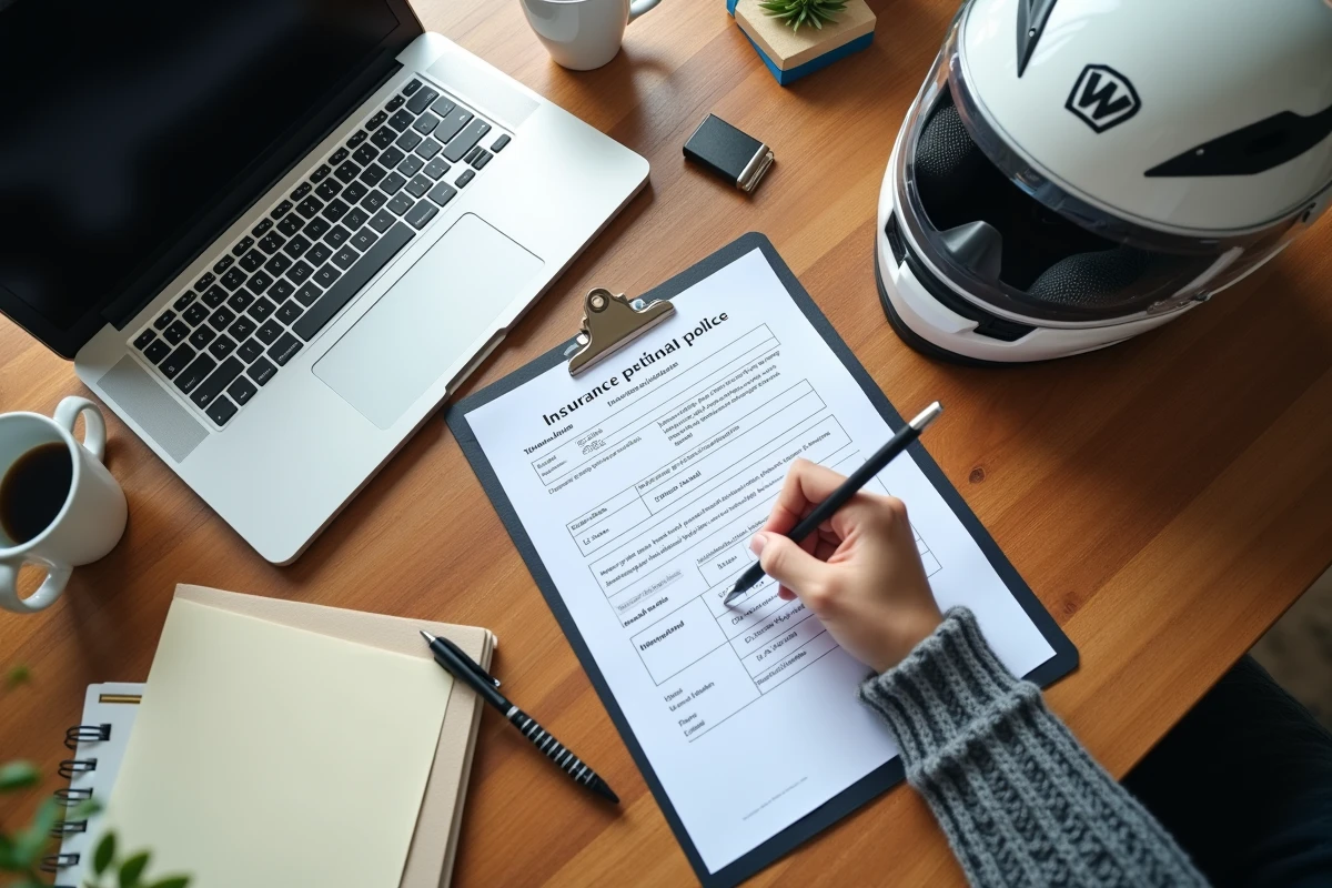 Documents d'assurance moto avec casque et ordinateur portable sur un bureau pour comparer les tarifs