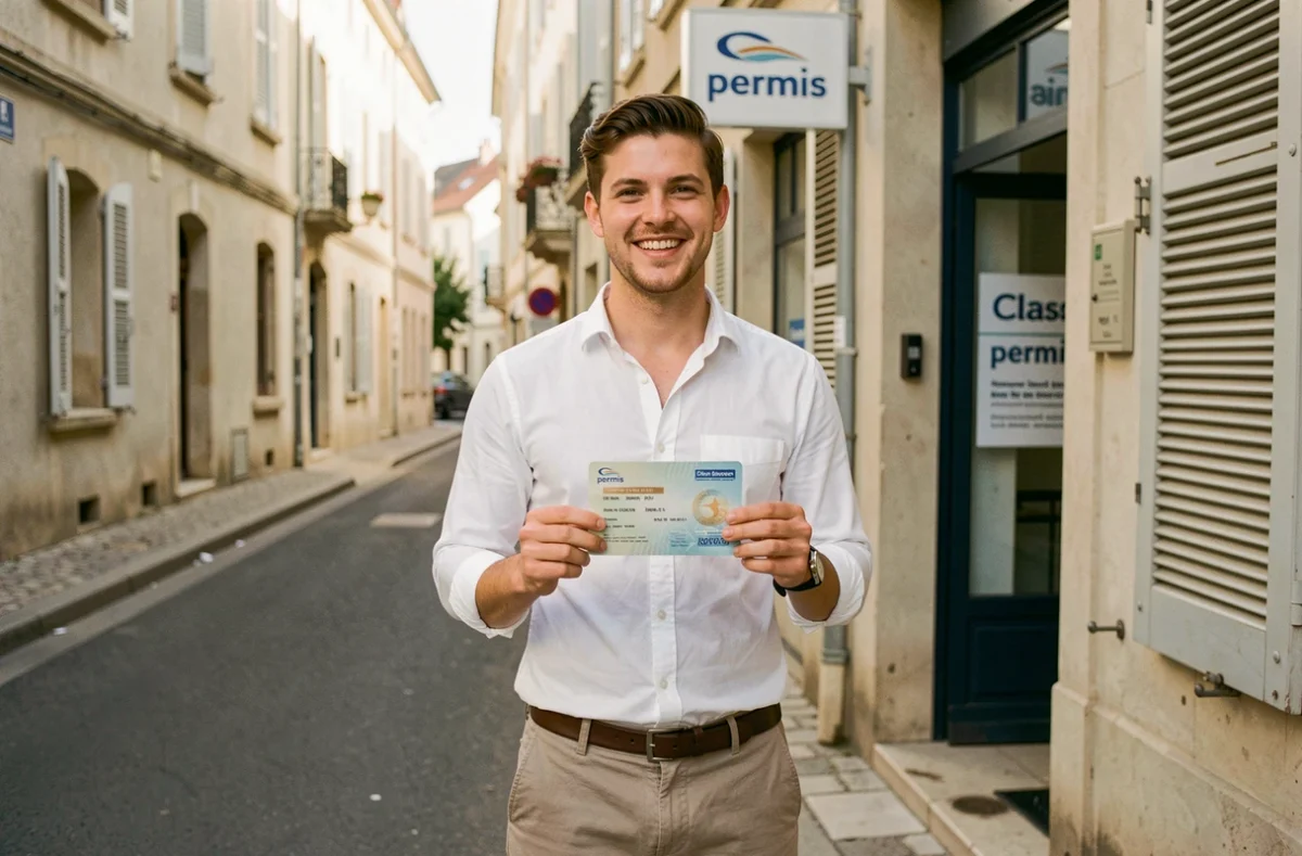 Jeune homme souriant tenant son permis de conduire obtenu à la Driving School Class'permis dans les Alpes-Maritimes