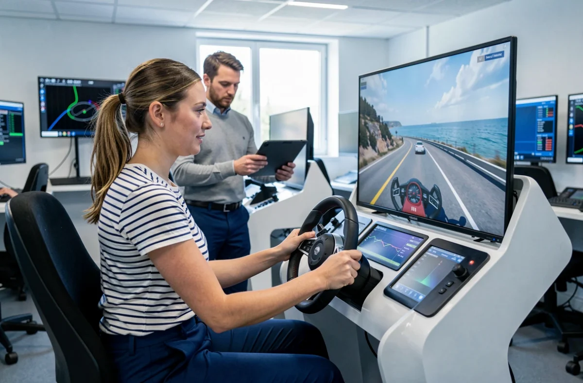 Élève sur simulateur de conduite à l'auto-école Drivescop avec moniteur analysant les données sur tablette