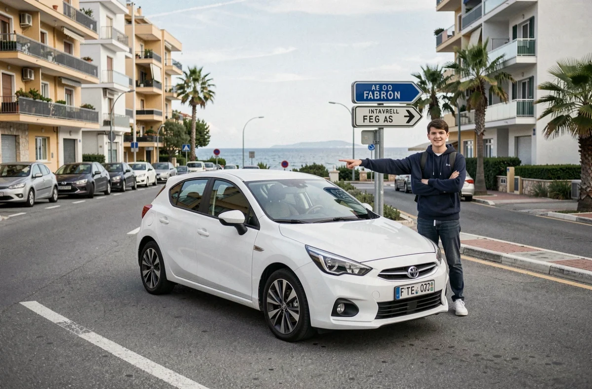 Jeune élève avec moniteur de la Driving School Fabron devant un véhicule école sur un boulevard de Nice avec vue sur la mer