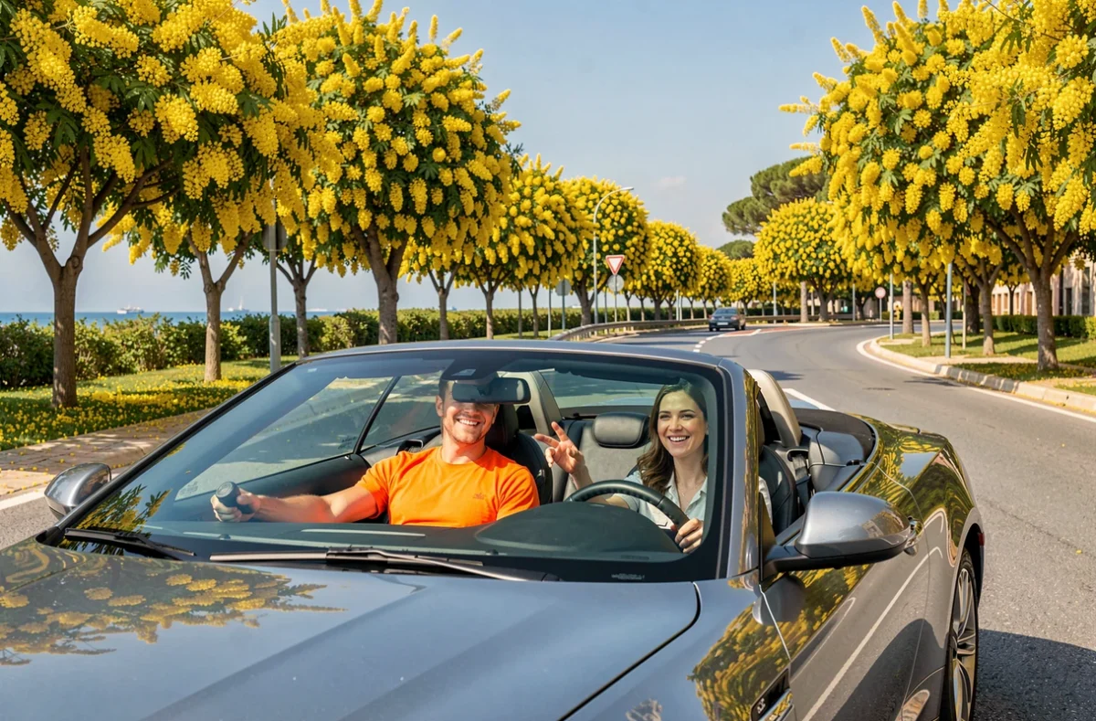 Élève décontracté au volant avec monitrice sur une route bordée de mimosas pour la Driving School Funroad Mimosas