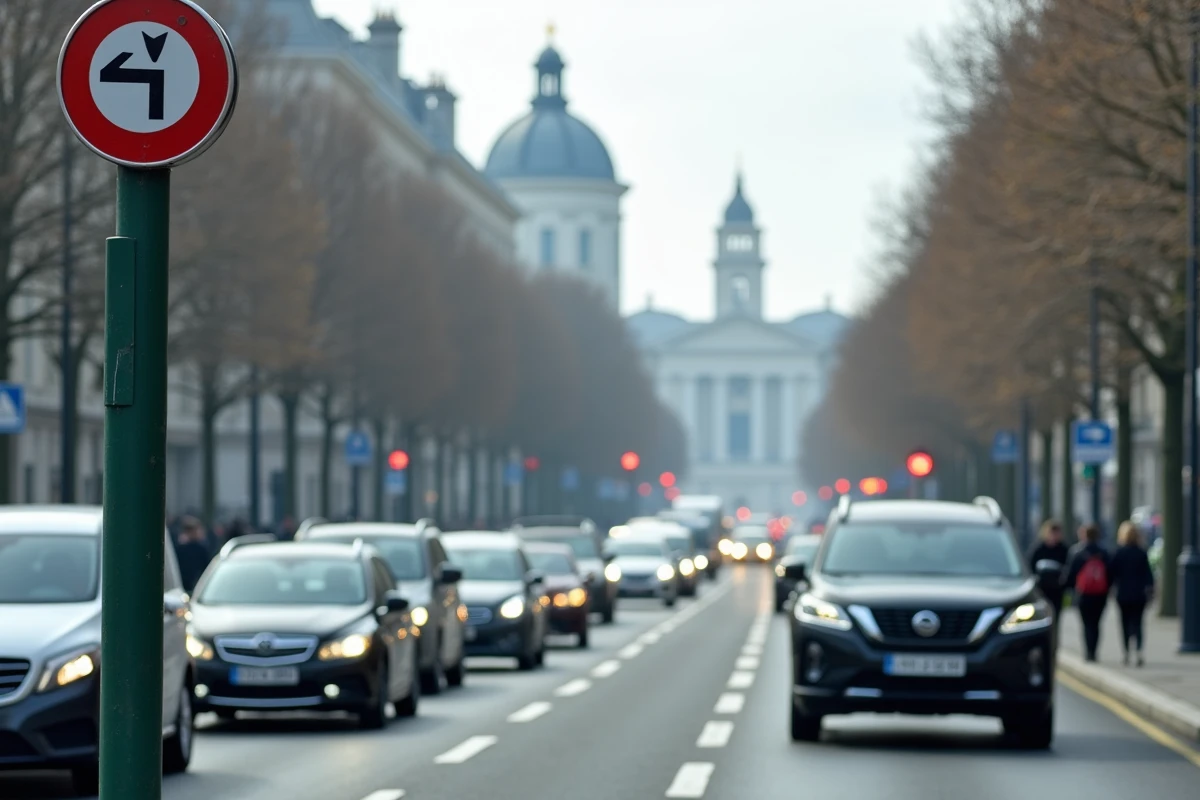 Embouteillage urbain dans une zone à faibles émissions avec panneau de restriction diesel en Europe