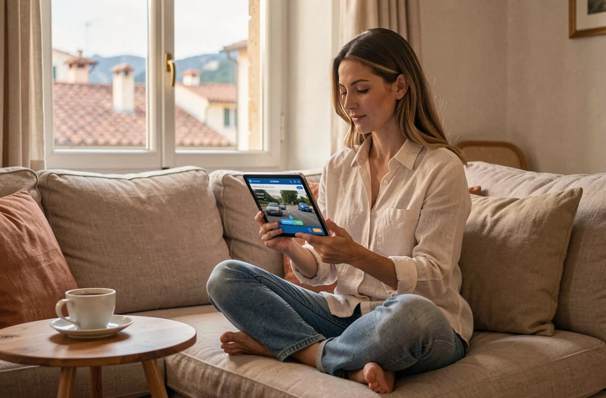 Femme utilisant la plateforme En Voiture Simone sur tablette depuis son appartement avec vue sur les toits de Nice