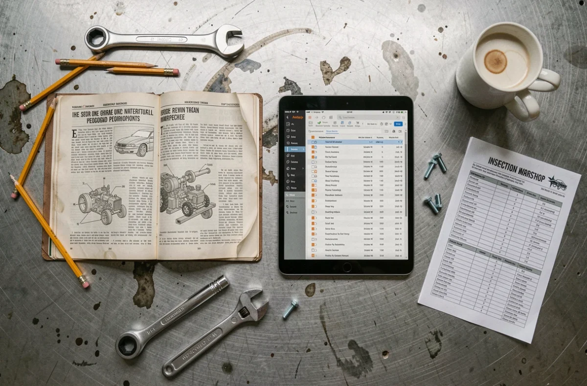 Vue aérienne d'un établi d'atelier avec une RTA papier et une tablette affichant un logiciel de données techniques automobiles