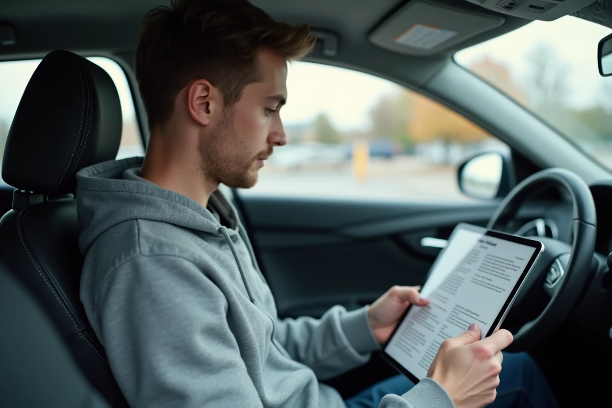 Homme révisant le code de la route 2026 sur tablette assis dans une voiture garée