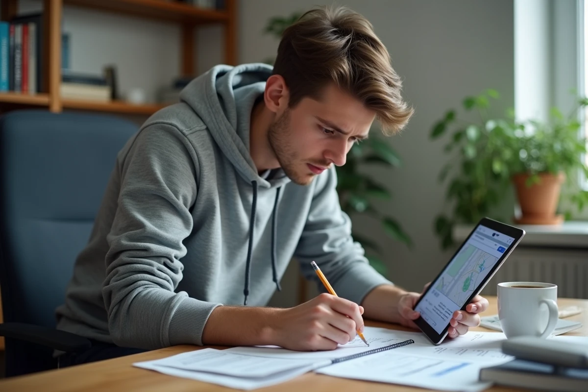 Étudiant révisant le code de la route à son bureau avec des brochures et une tablette, se préparant intensivement pour obtenir le permis en trois mois