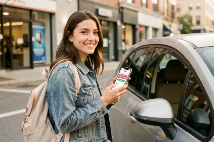 Jeune femme étudiante souriante tenant un smartphone avec un code de réduction Bipi devant une voiture compacte en ville