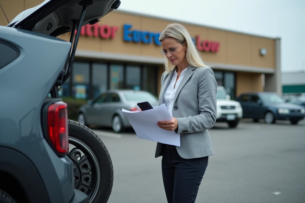 Femme consultant ses documents d'assurance après un pneu crevé sur un parking
