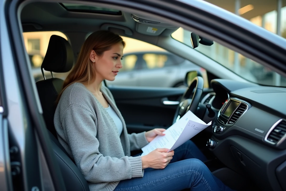 Femme consultant les caractéristiques de couple moteur d'un véhicule lors d'un achat automobile chez un concessionnaire