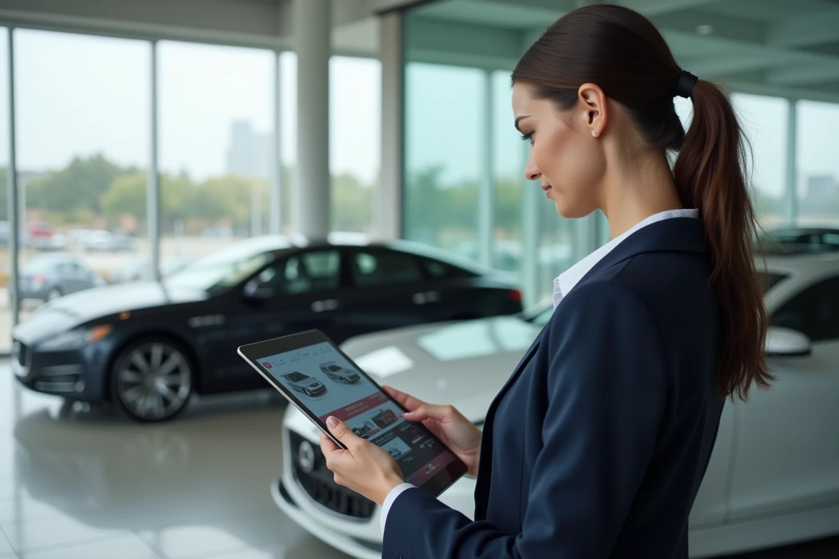 Femme consultant une comparaison de deux véhicules similaires sur une tablette dans un showroom automobile de Monaco