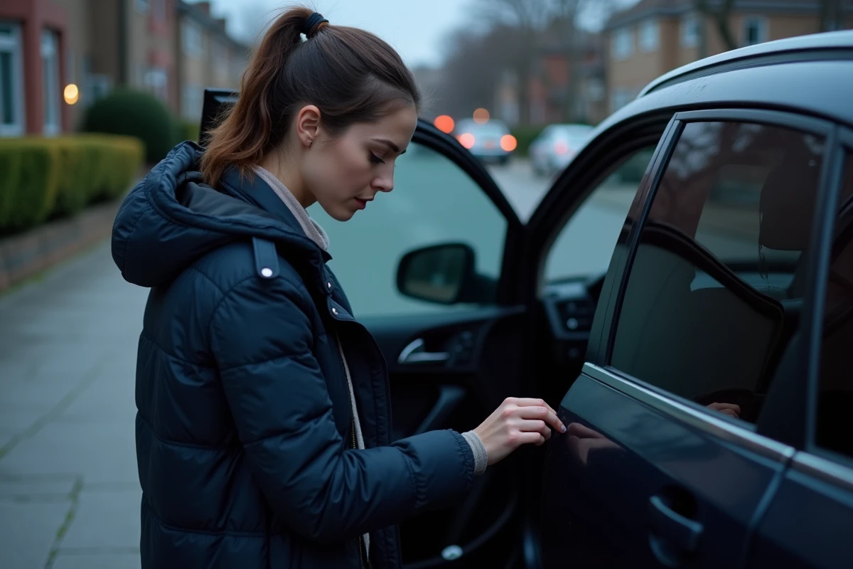 Femme debout près de sa voiture cherchant à désactiver les feux de route dans un parking