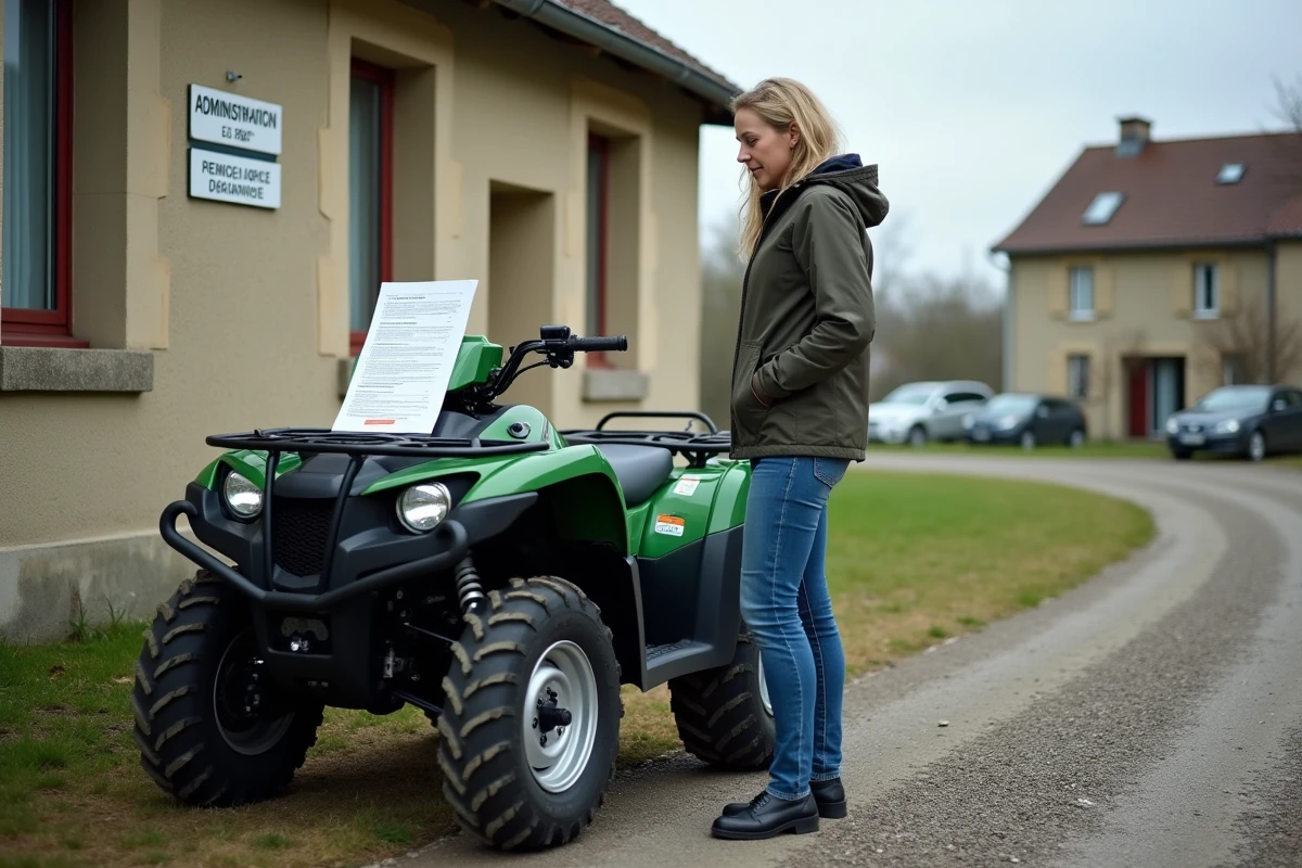 Femme consultant un document de contrôle technique pour un quad en milieu rural