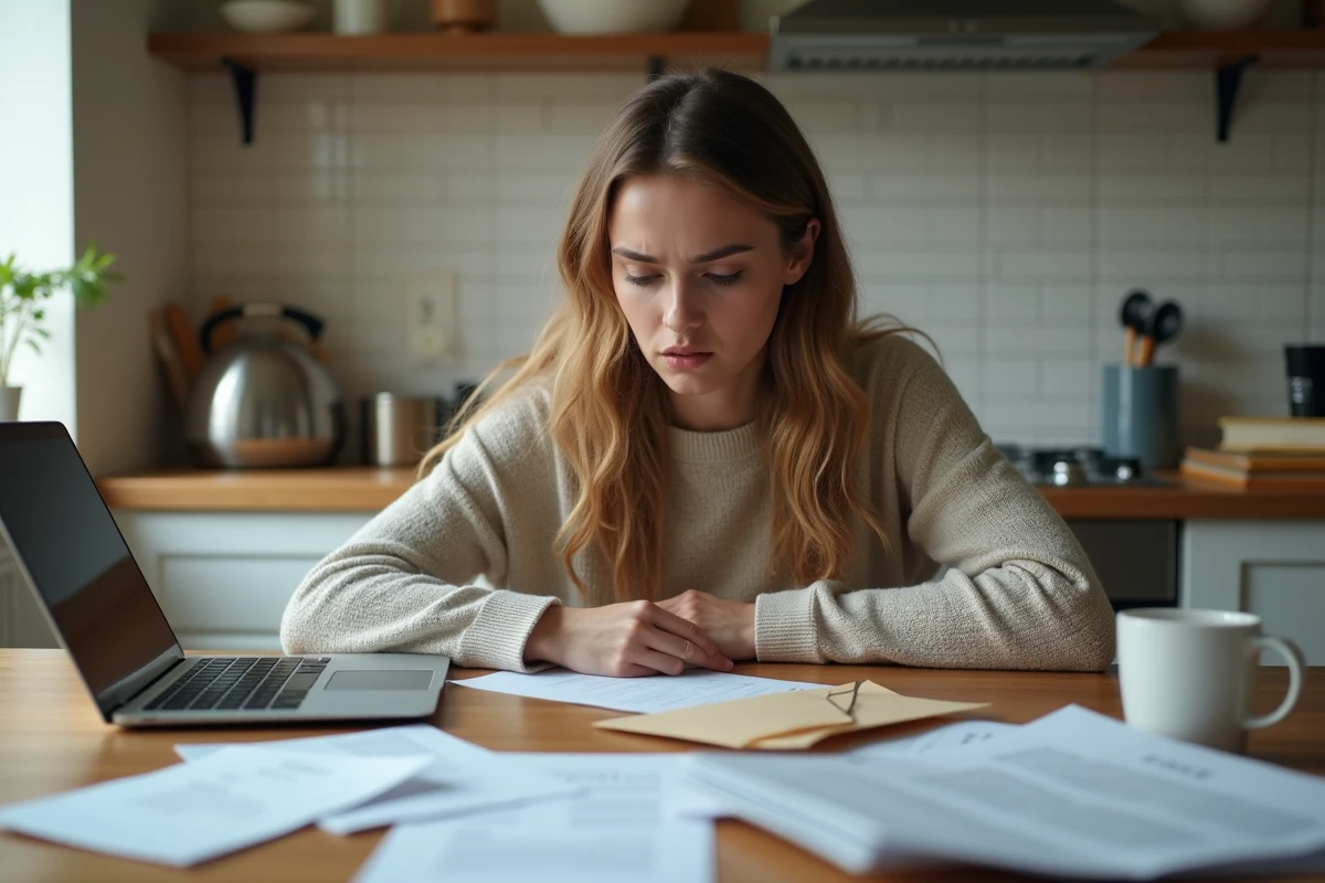 Jeune femme consultant des documents administratifs d'assurance auto après un accident sans assurance