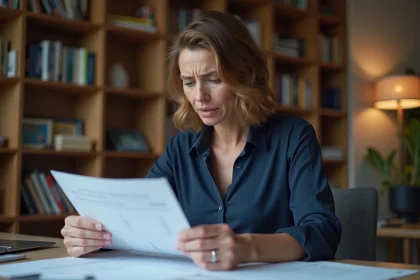 Femme consultant des documents d'assurance après un accident, assis à un bureau avec des papiers et un ordinateur portable