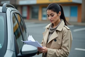 Femme consultant des documents d'assurance auto à côté de sa voiture dans un parking