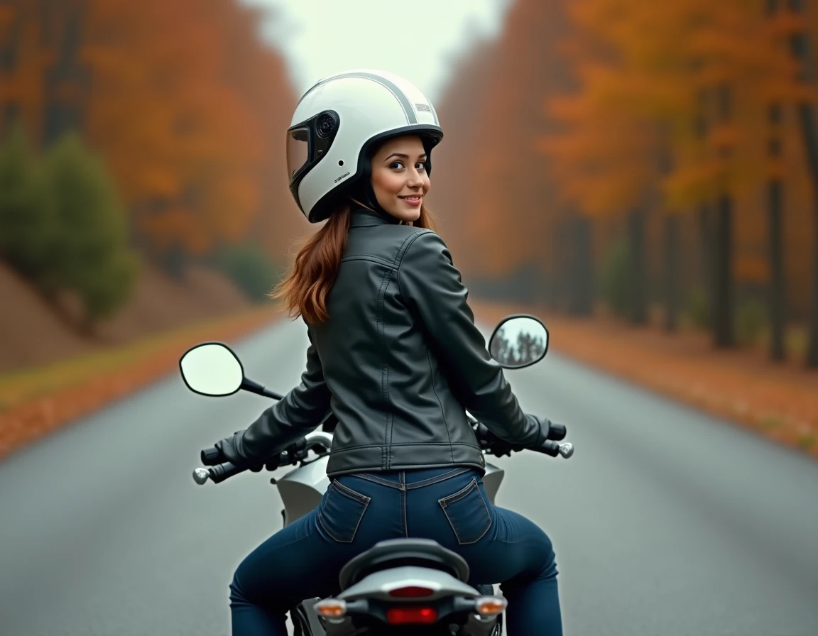 Jeune femme motarde assise sur une Yamaha R7 grise sur une route de campagne en automne