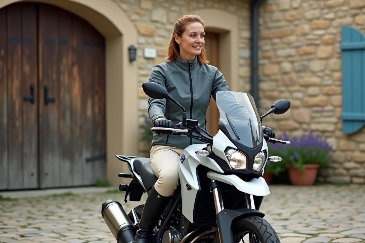 Femme d'une cinquantaine d'années assise sur une moto adventure devant un garage en pierre dans un village provençal
