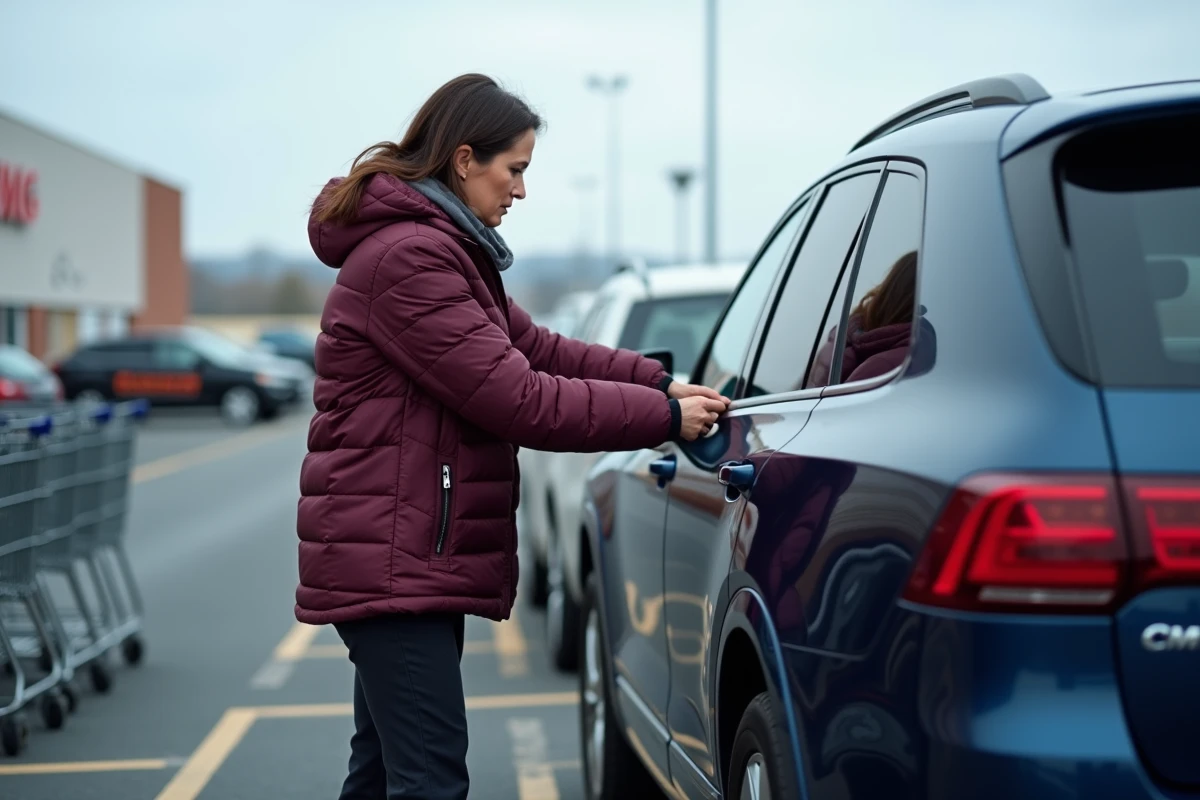 Femme essayant de fermer une portière arrière défectueuse sur un SUV dans un parking