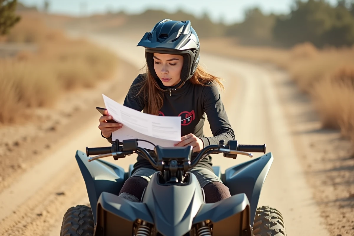 Femme casquée assise sur un quad sportif consultant des documents d'assurance sur une piste en terre battue